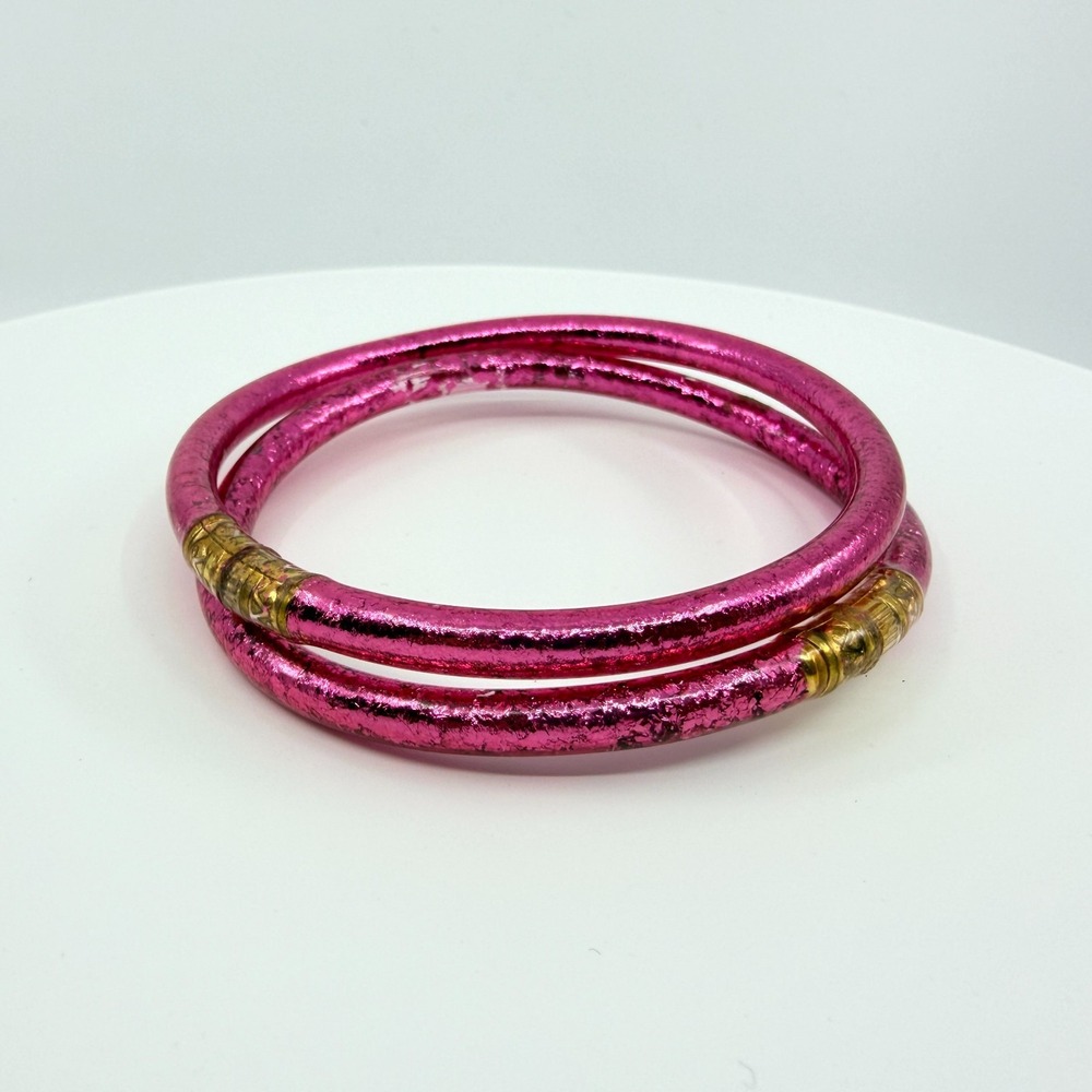 Vintage Pink Glitter Jelly Bangle Bracelet Set Gold Tone Accent‎ Waterproof Boho